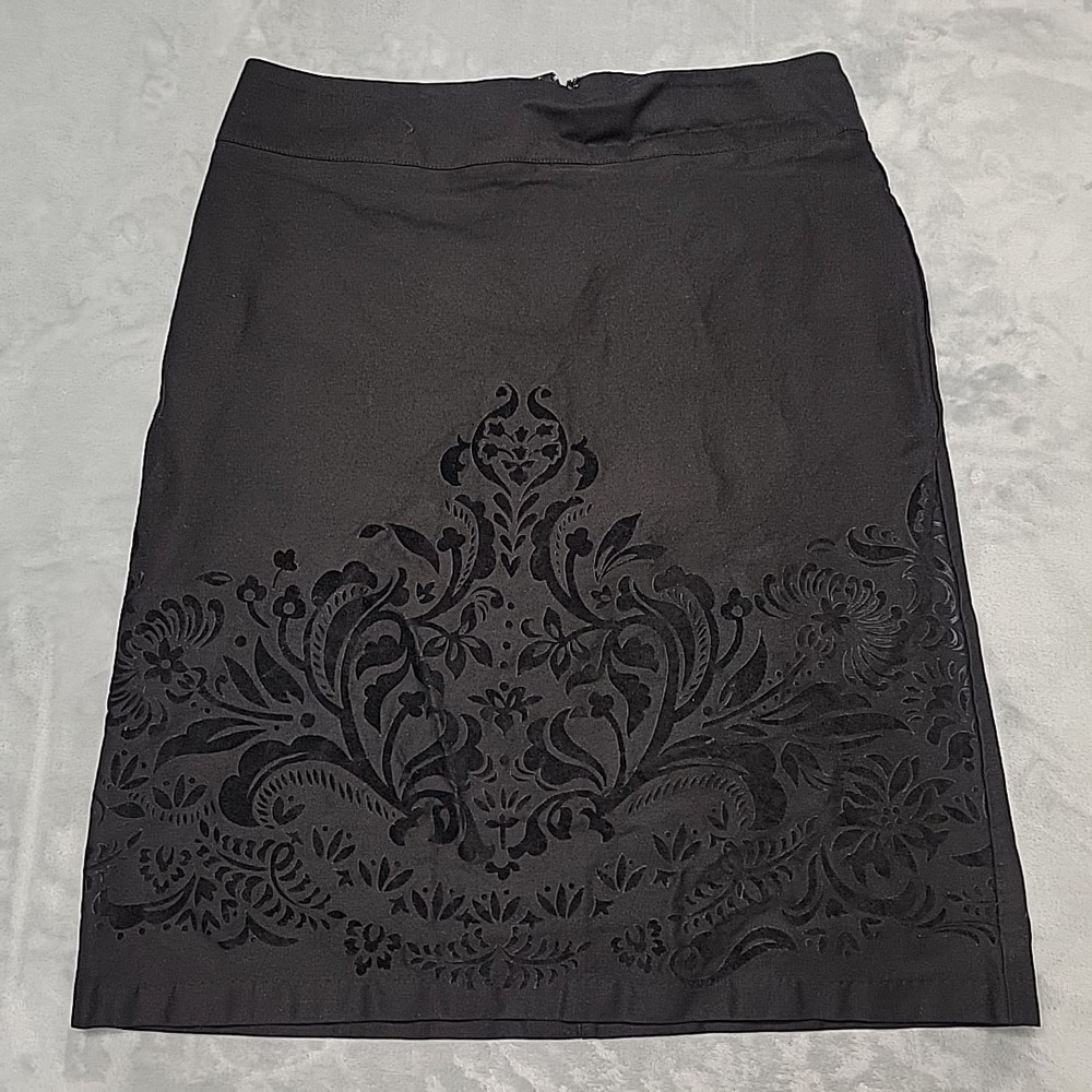 Pacific Apparel Connections Skirt Womens 12 Black 7374 Flocked Damask Pencil